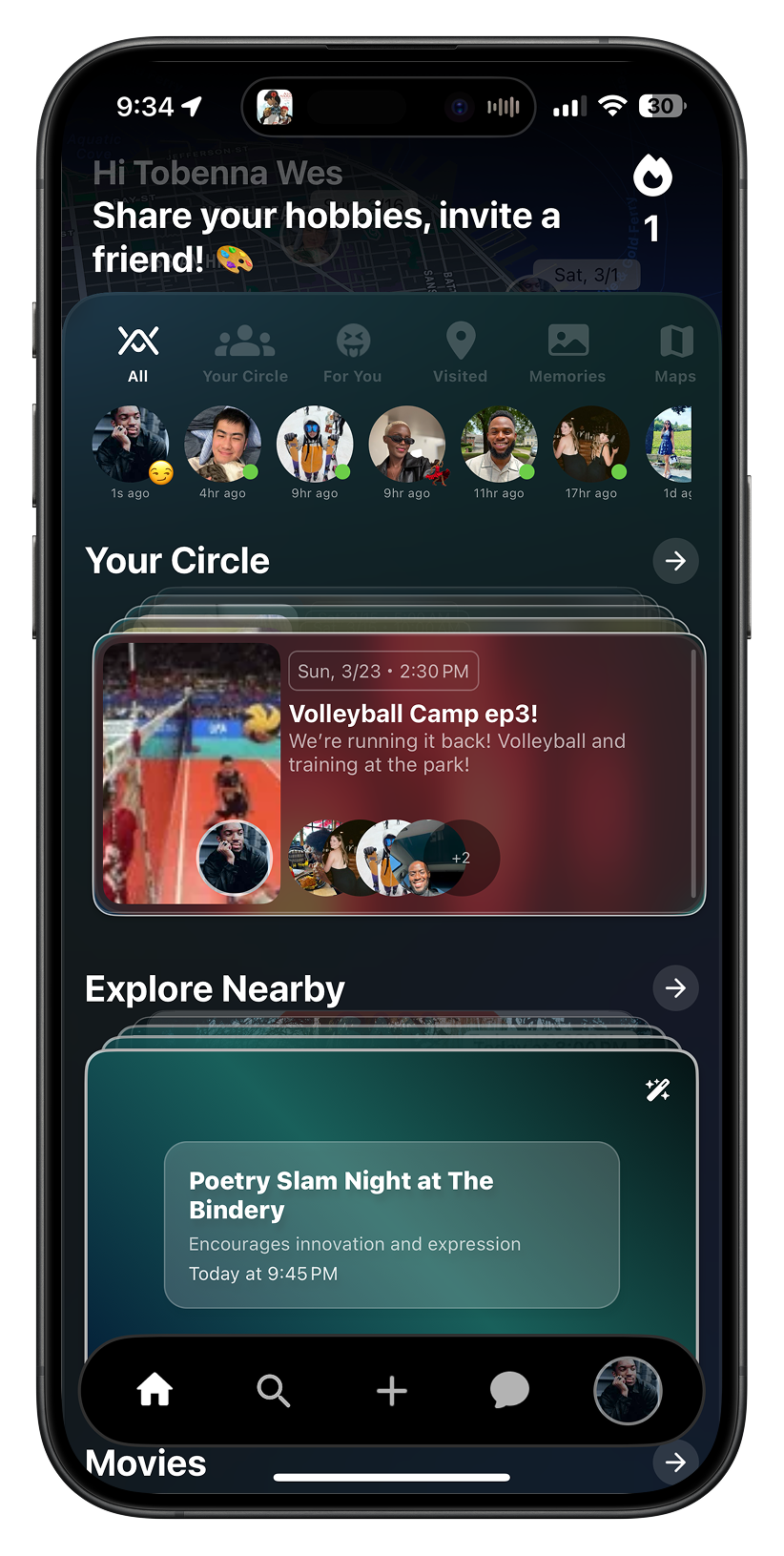 TheMove app interface showing nearby events and hangout spots